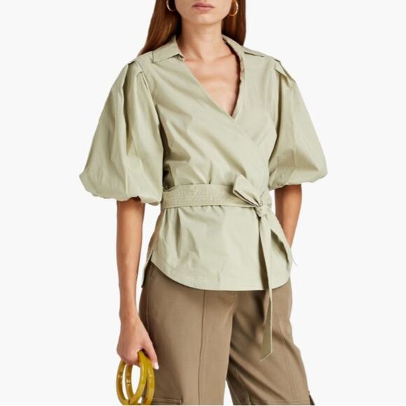 Jonathan Simkhai Waverly Sage Green Poplin Wrap Top Small - Picture 2 of 7
